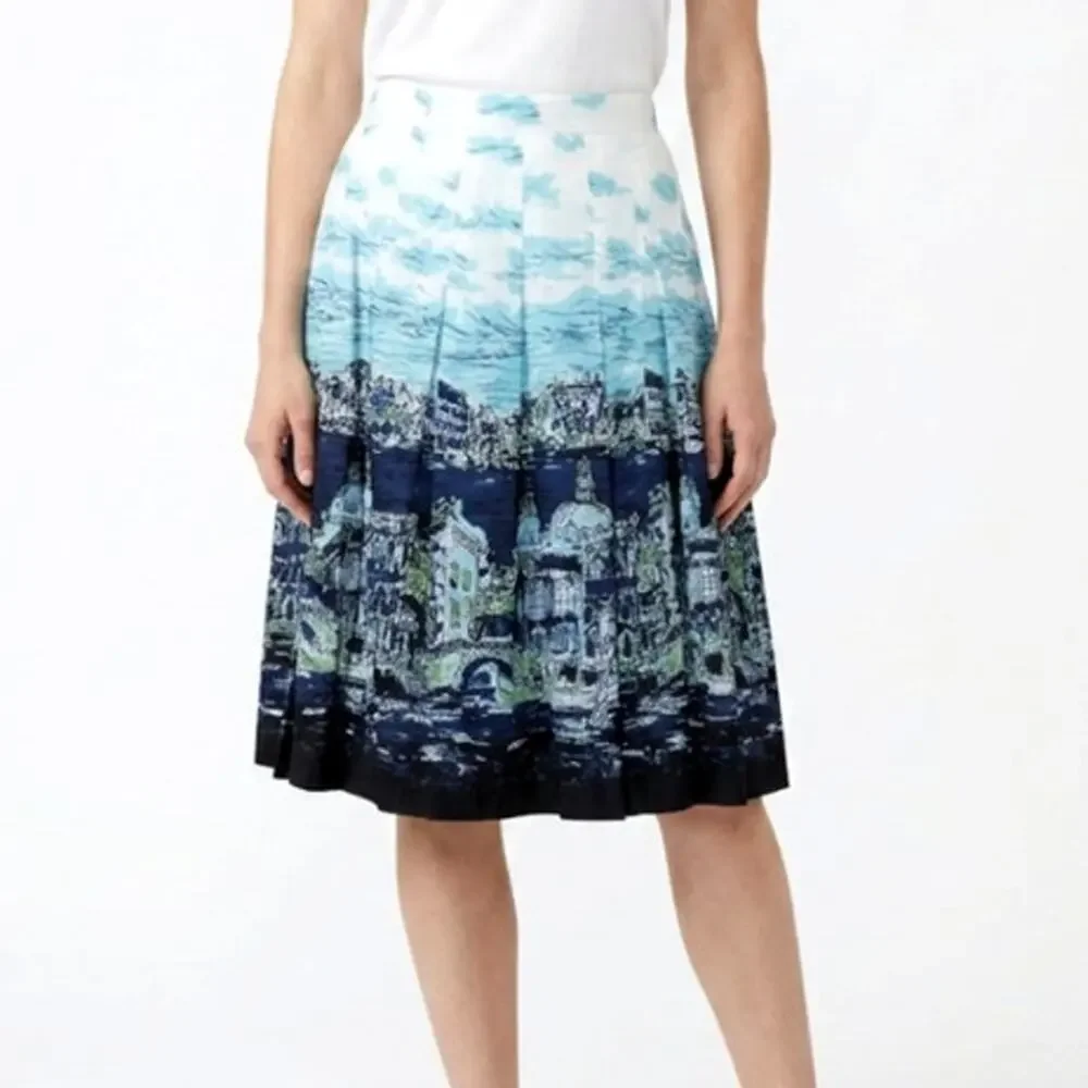 Talbots NWT Pleated Italian Landscape Print Cotton Skirt Blue White 14WP Coastal